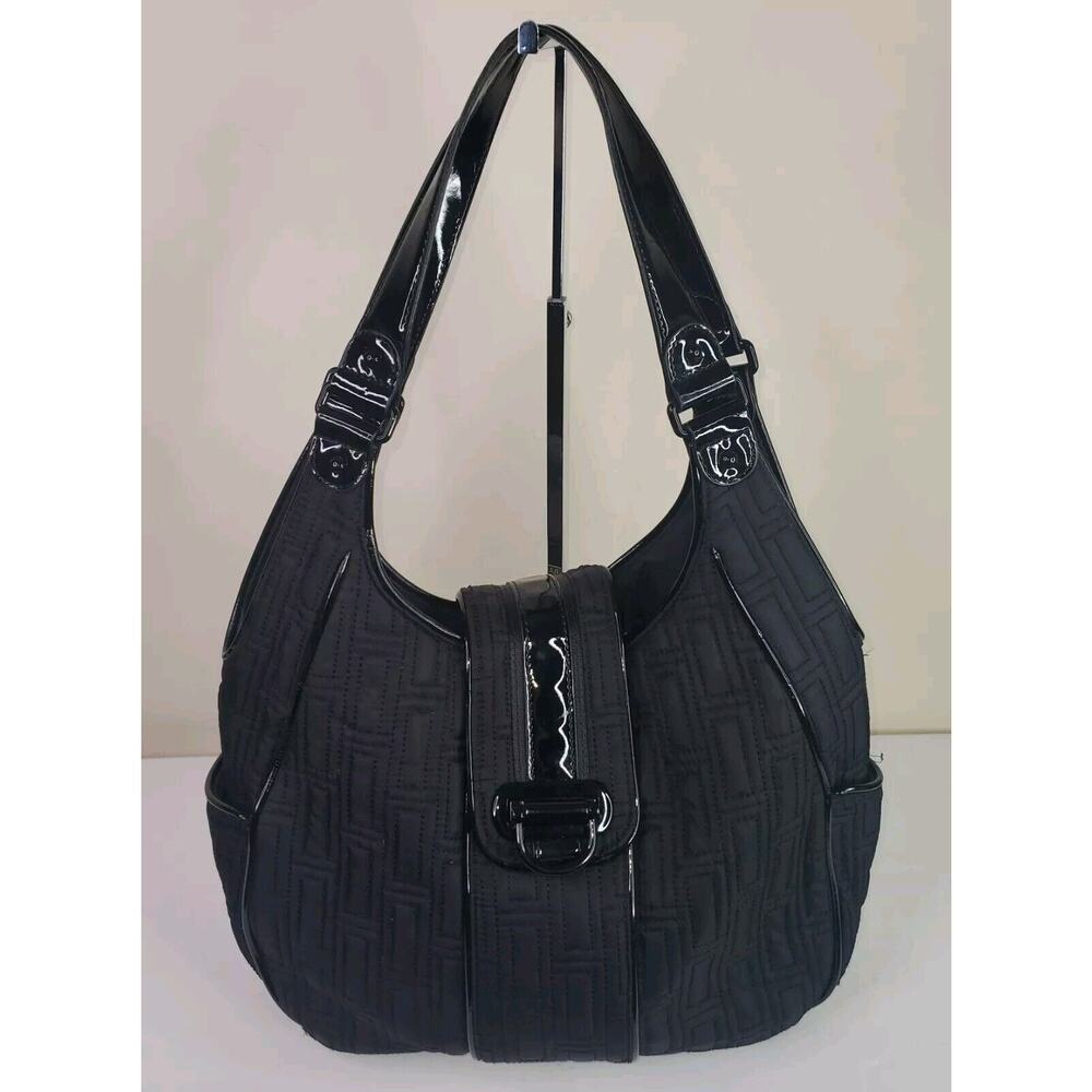 Vera Bradley Black Quilted Nylon Patent Leather Shoulder Bag Purse Boho Handbag